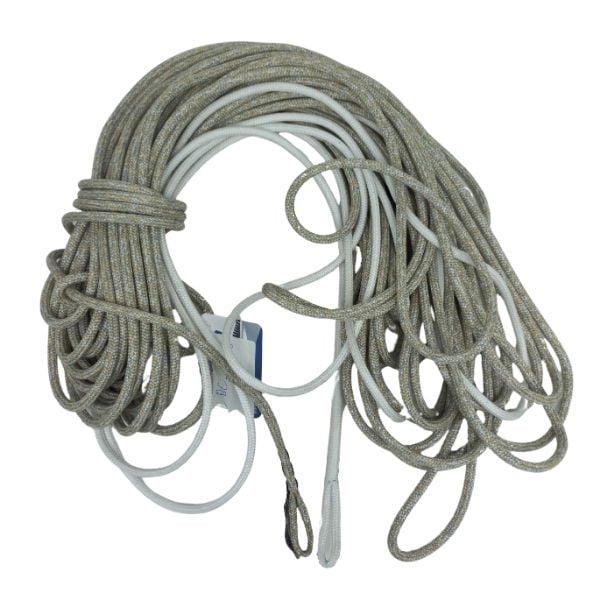 Âme Dyneema® RSK99 | gaine mixte Technora® - Dyneema® et Polyester, Ø8mm, 36m, Œil épissé gainé Dyneema sur 5m, Passant-Messager, Beige-Blanc-Gris
